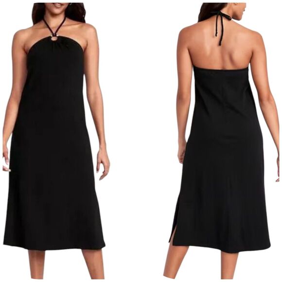 Old Navy Black Midi Shift Dress L Halter Built-in Shelf Bra Casual Summer Beach - Picture 1 of 14